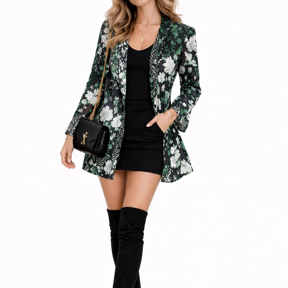 Women Green Emerald Mosaic Flower Print Long Open Blazer Size XL